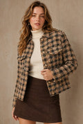 Cropped Plaid Tweed Jacket - Camel