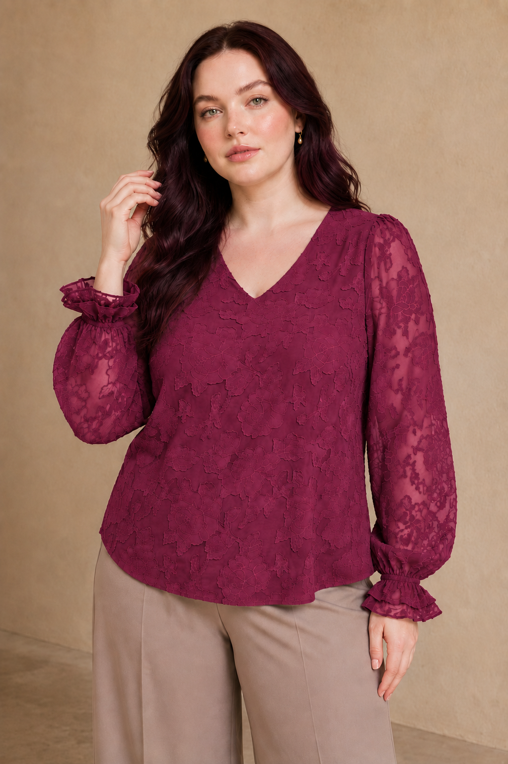 Plus Size Embossed Floral V-Neck Blouse