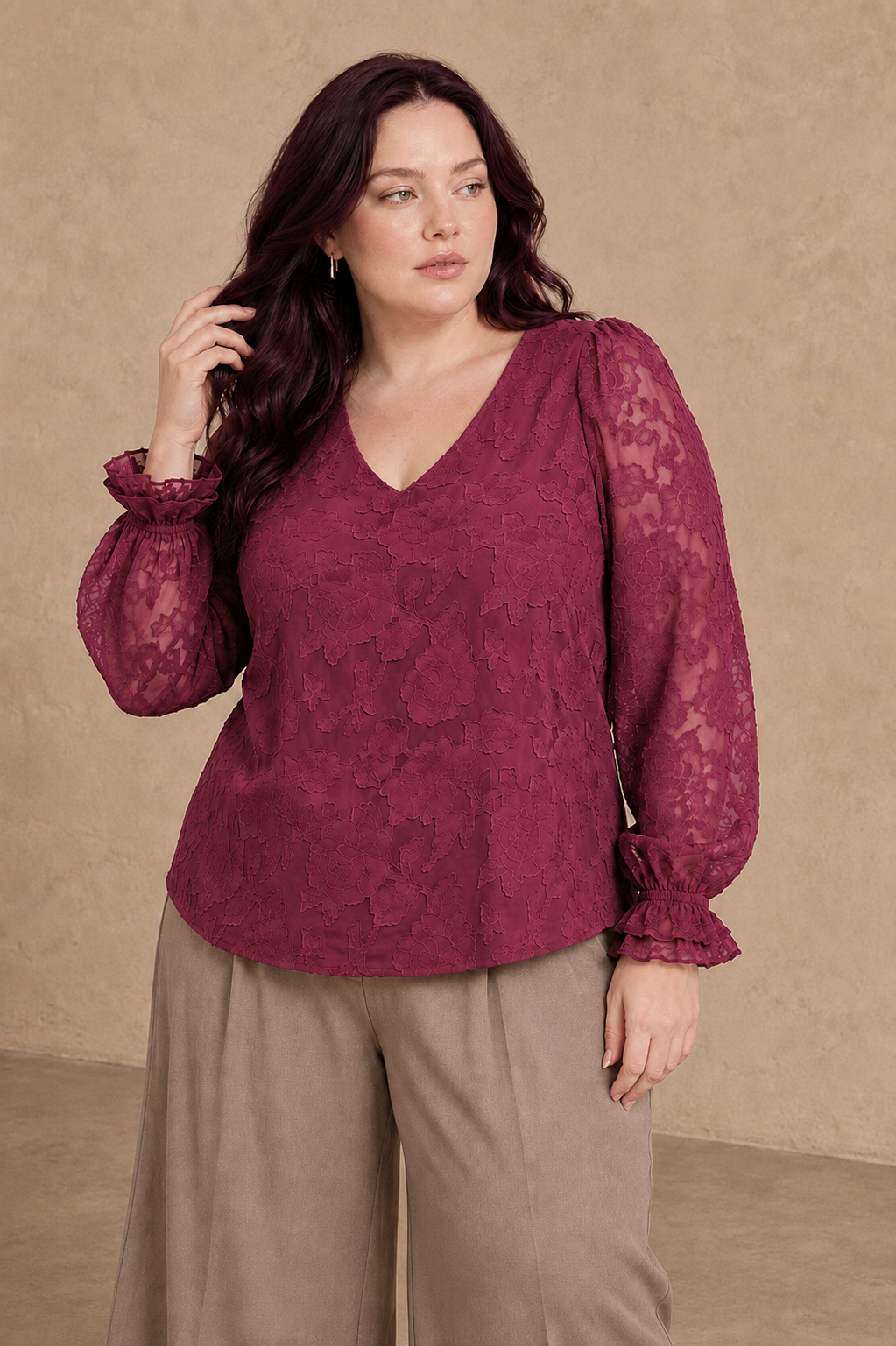 Plus Size Embossed Floral V-Neck Blouse