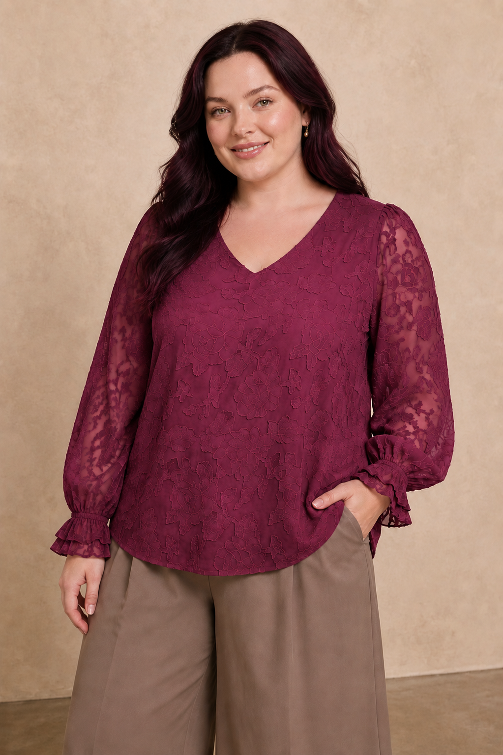 Plus Size Embossed Floral V-Neck Blouse