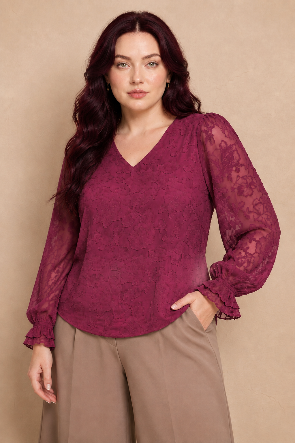 Plus Size Embossed Floral V-Neck Blouse