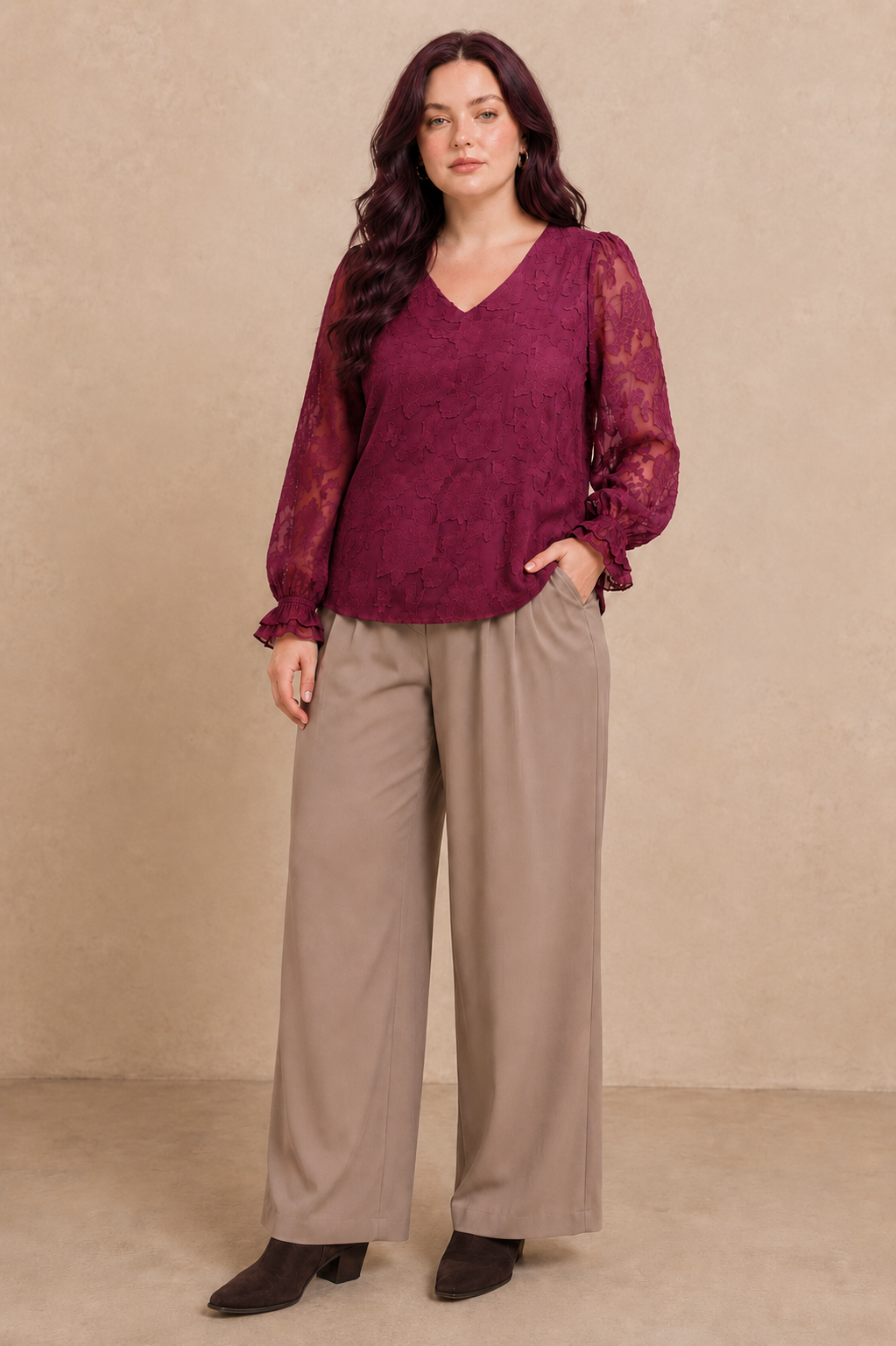 Plus Size Embossed Floral V-Neck Blouse