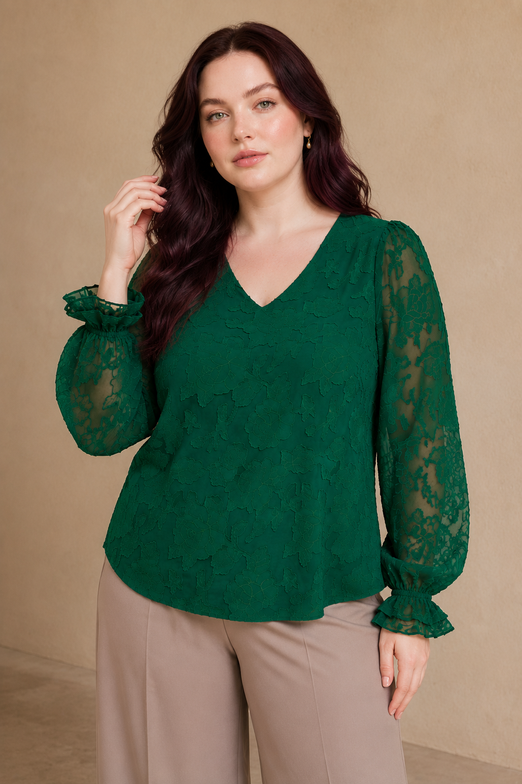 Plus Size Embossed Floral V-Neck Blouse