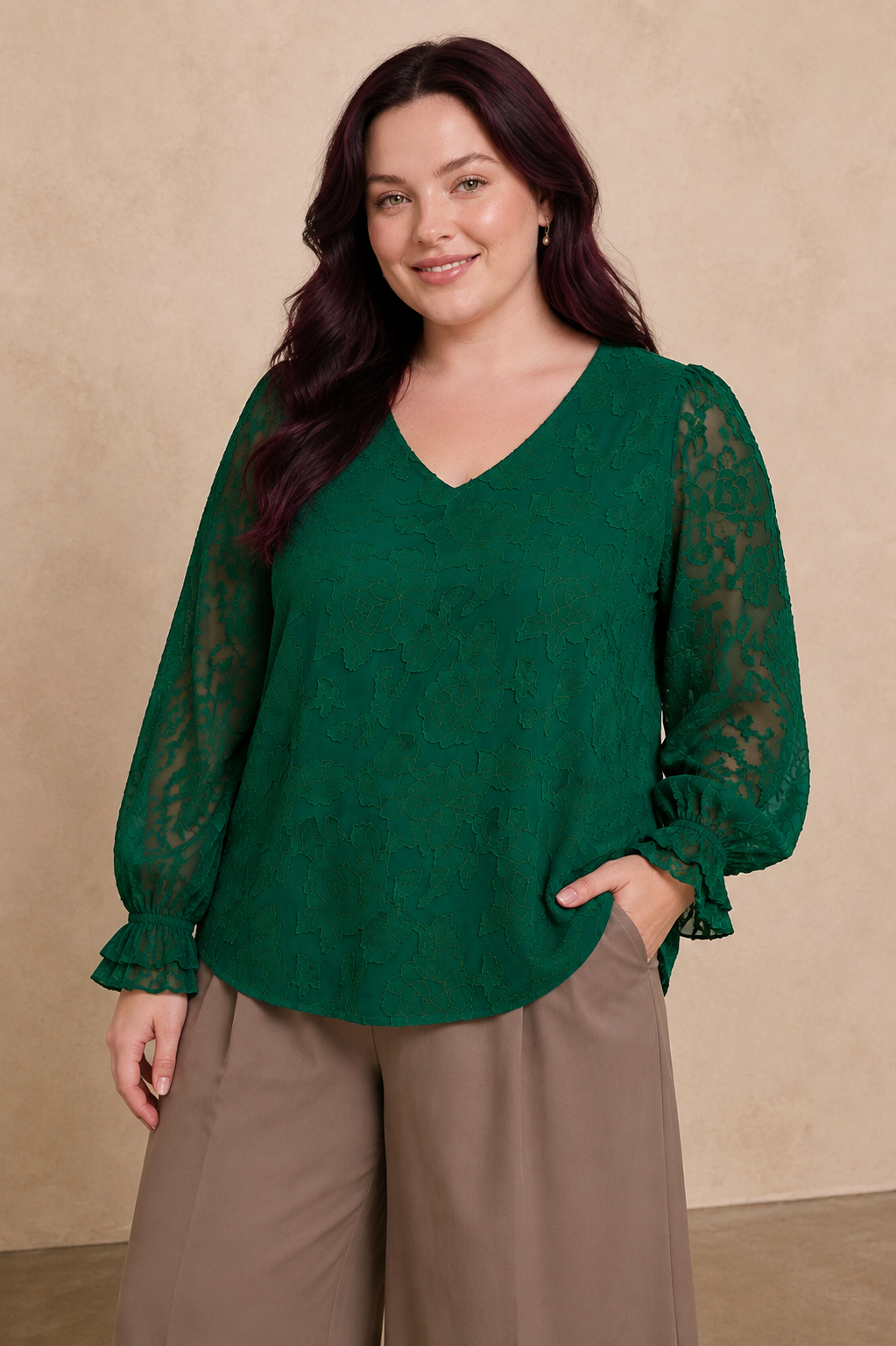 Plus Size Embossed Floral V-Neck Blouse