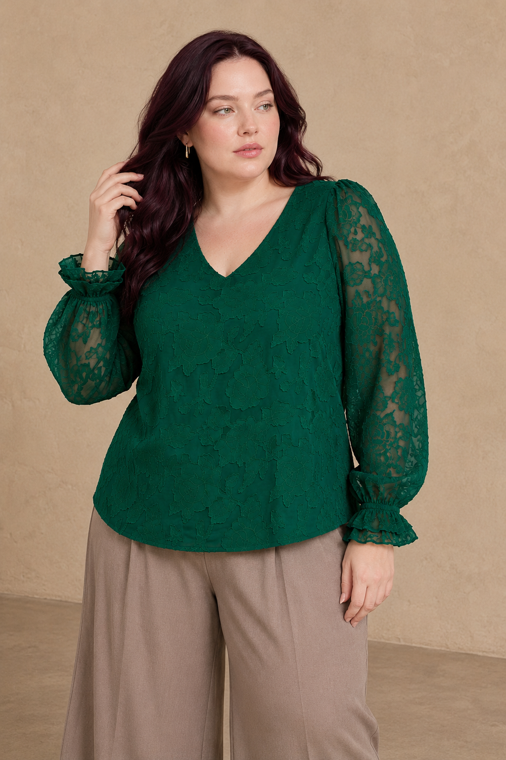 Plus Size Embossed Floral V-Neck Blouse