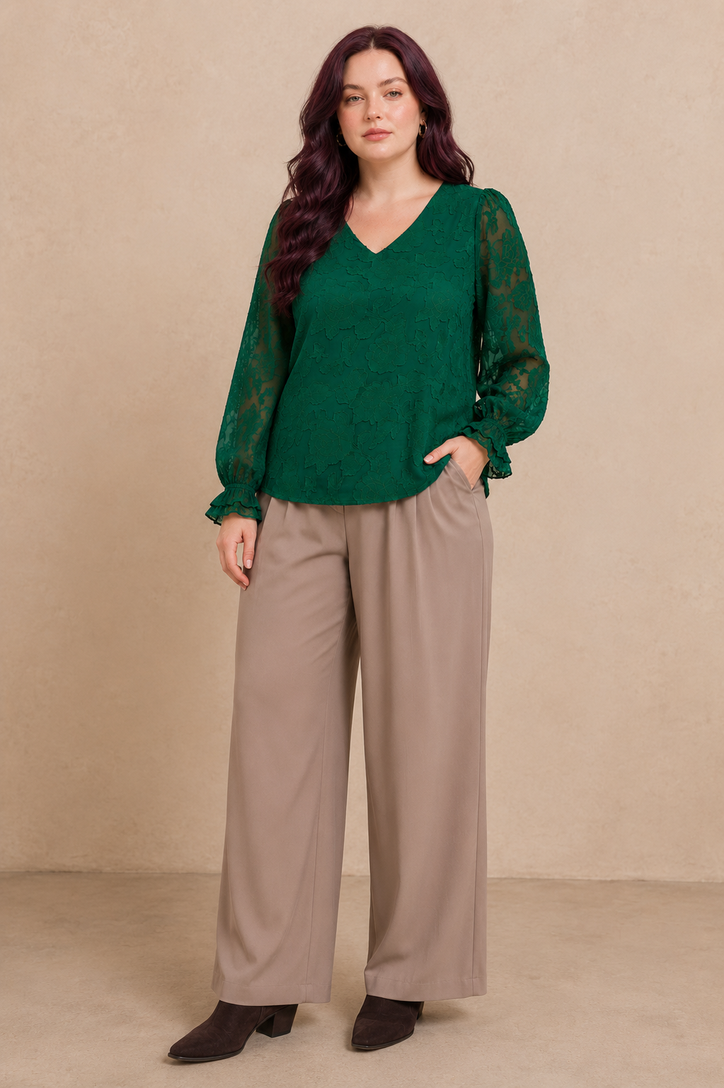 Plus Size Embossed Floral V-Neck Blouse