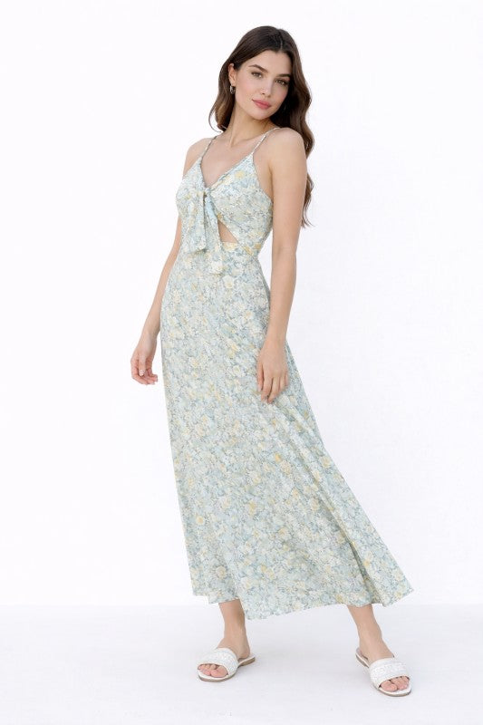 Floral Print Tie Front Cutout Maxi Dress