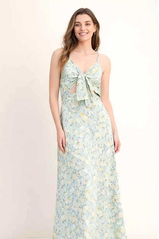 Floral Print Tie Front Cutout Maxi Dress