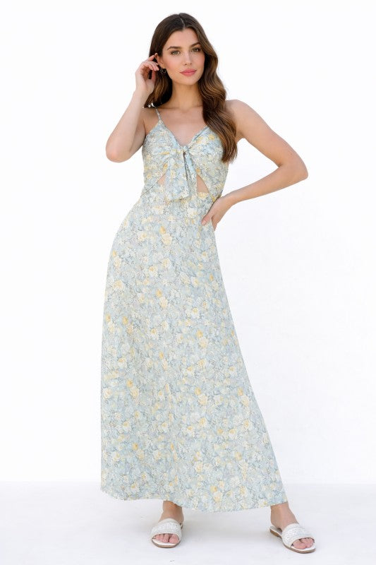 Floral Print Tie Front Cutout Maxi Dress