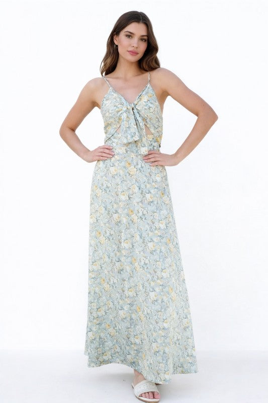 Floral Print Tie Front Cutout Maxi Dress