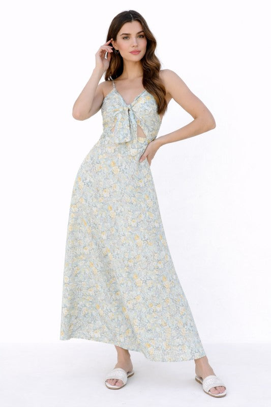 Floral Print Tie Front Cutout Maxi Dress