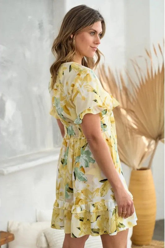 Yellow Floral Tie-Front Smocked Waist Ruffle Mini Dress