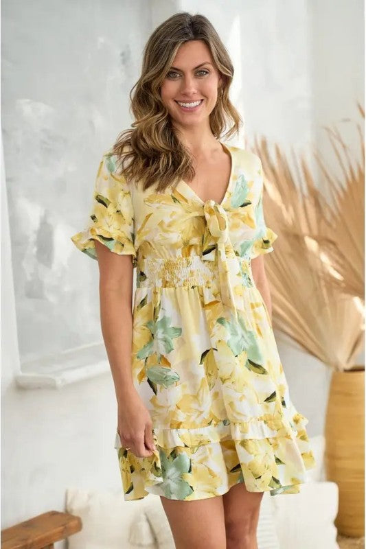 Yellow Floral Tie-Front Smocked Waist Ruffle Mini Dress