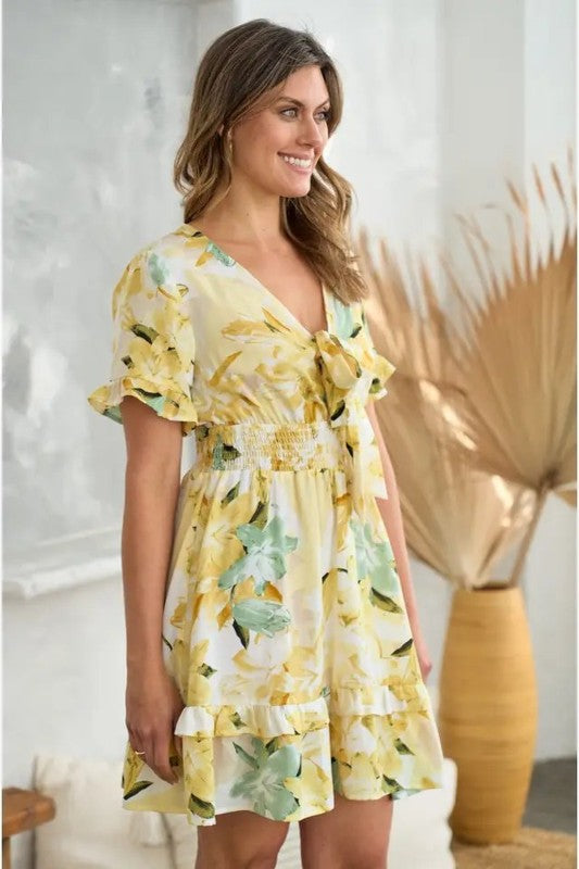 Yellow Floral Tie-Front Smocked Waist Ruffle Mini Dress