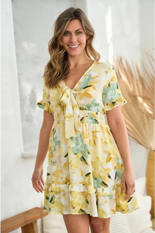 Yellow Floral Tie-Front Smocked Waist Ruffle Mini Dress