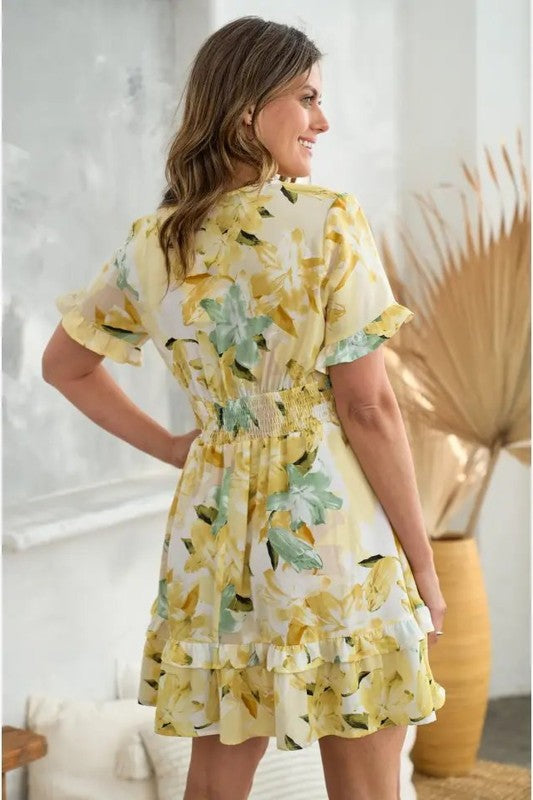 Yellow Floral Tie-Front Smocked Waist Ruffle Mini Dress