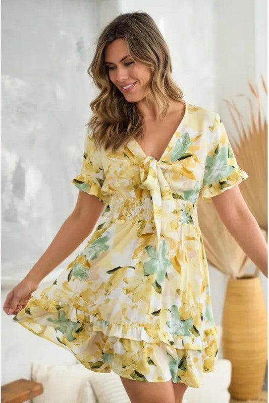 Yellow Floral Tie-Front Smocked Waist Ruffle Mini Dress