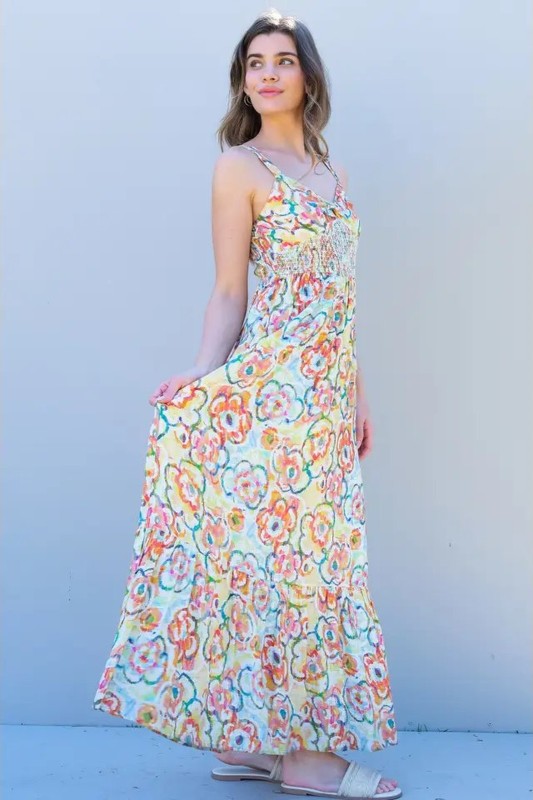 Smocked Floral Print Maxi Dress