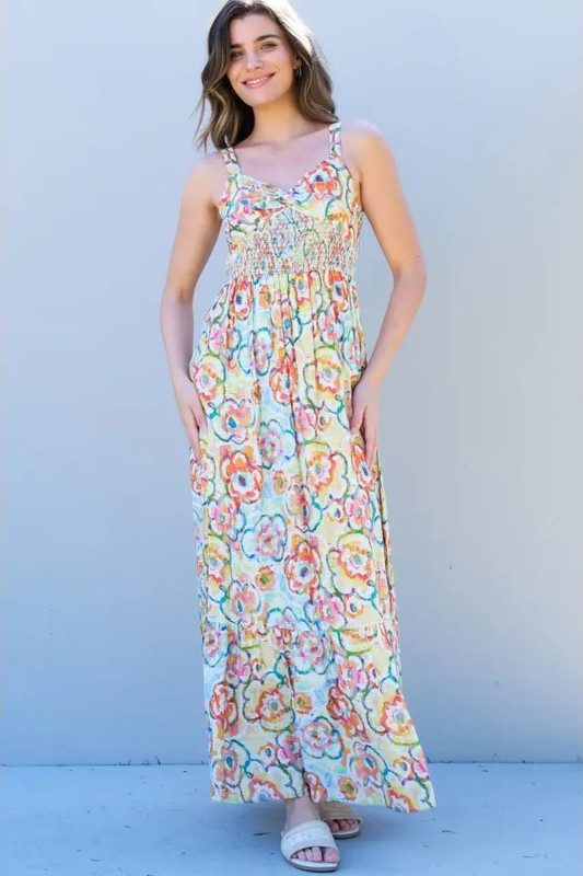 Smocked Floral Print Maxi Dress