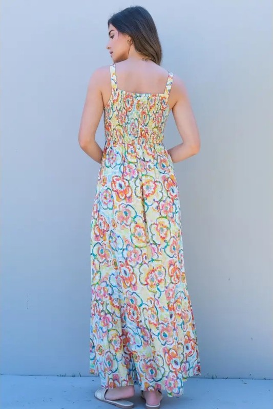 Smocked Floral Print Maxi Dress