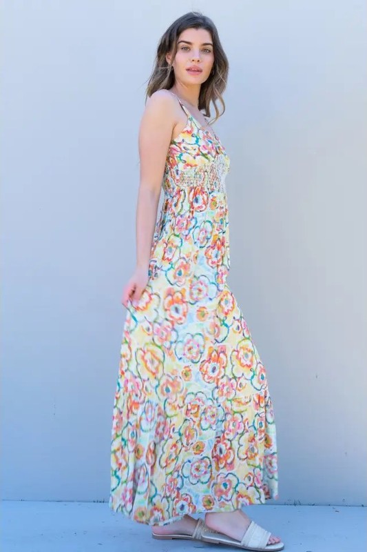 Smocked Floral Print Maxi Dress