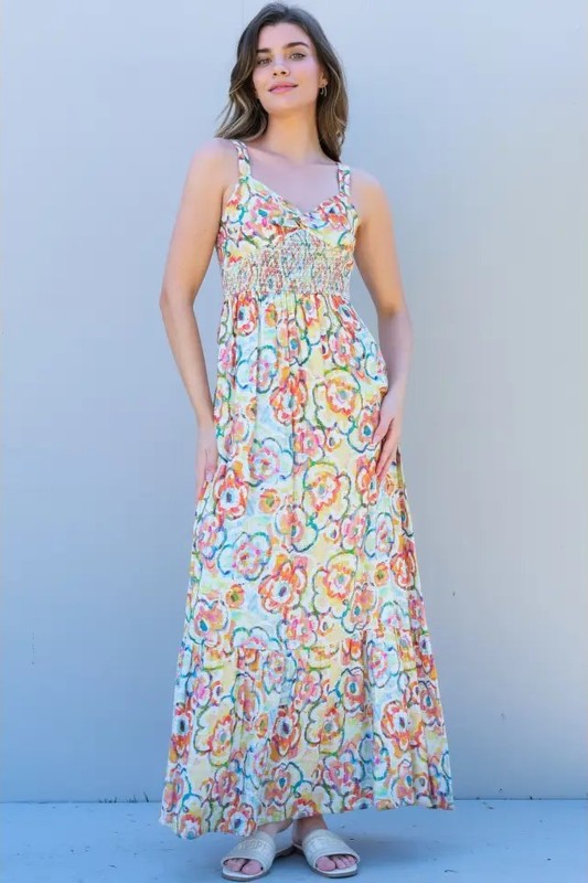Smocked Floral Print Maxi Dress
