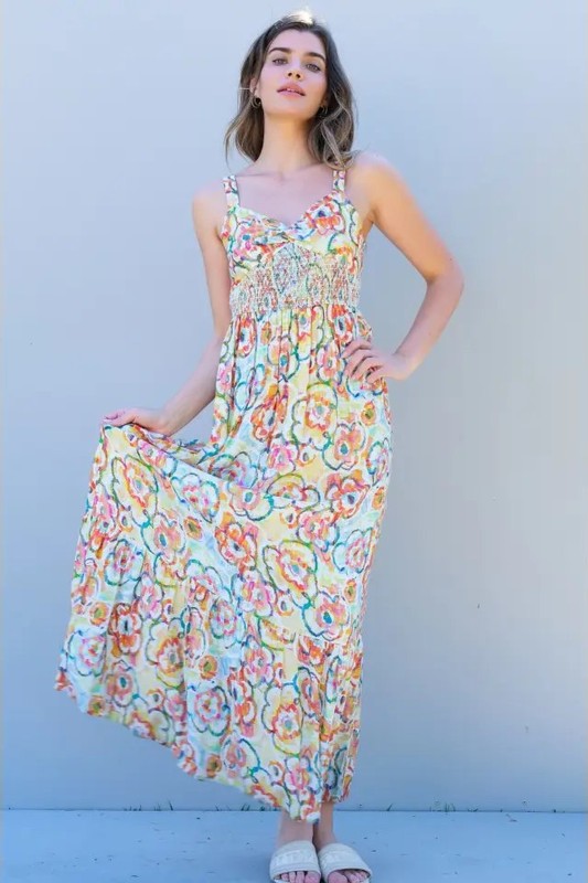 Smocked Floral Print Maxi Dress