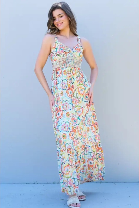 Smocked Floral Print Maxi Dress