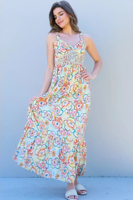 Smocked Floral Print Maxi Dress