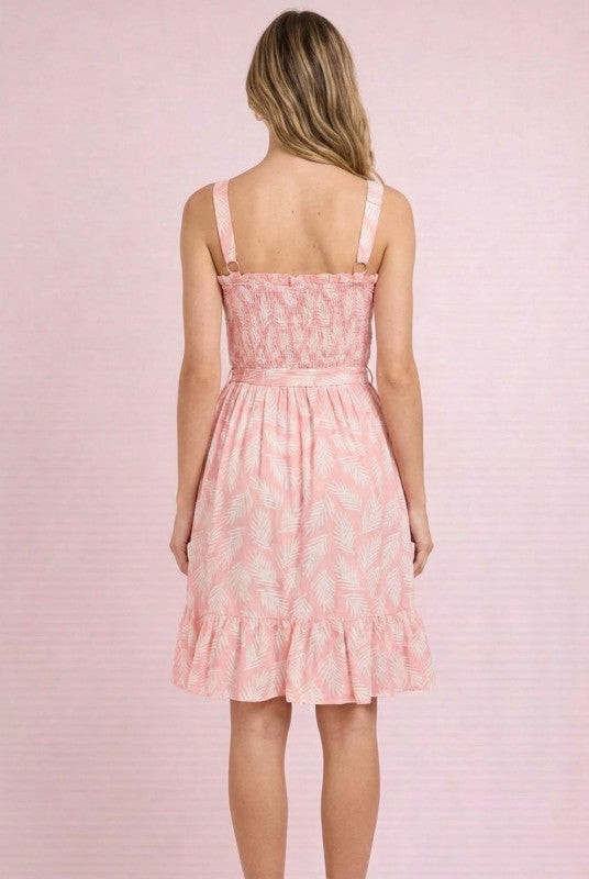 Tropical Print Sleeveless Sundress with Tie Waist