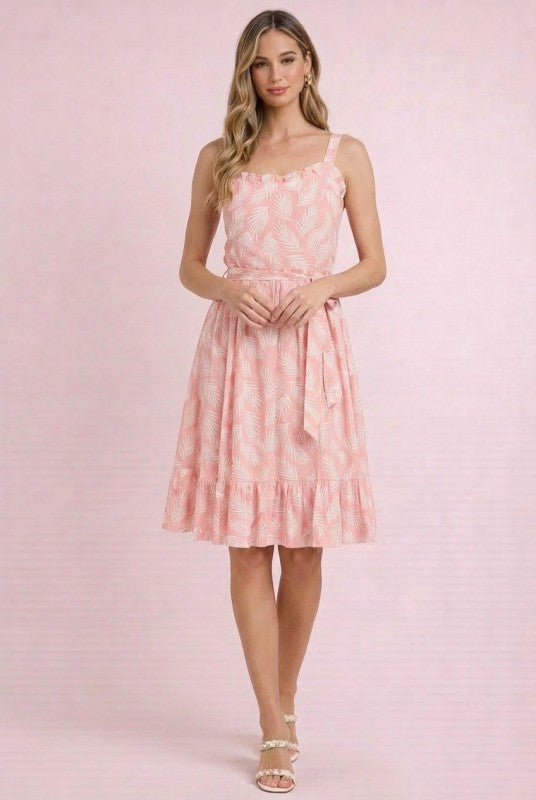 Tropical Print Sleeveless Sundress with Tie Waist