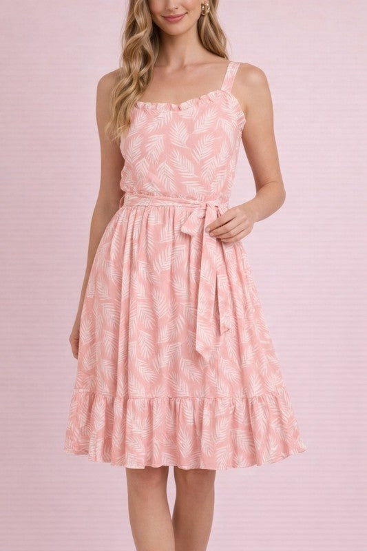 Tropical Print Sleeveless Sundress with Tie Waist