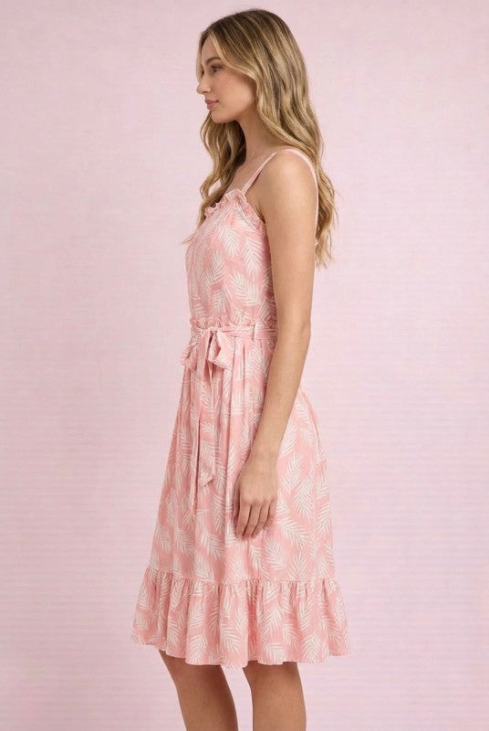 Tropical Print Sleeveless Sundress with Tie Waist