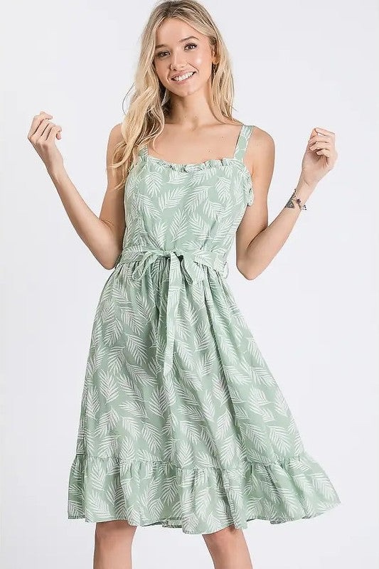 Tropical Print Sleeveless Sundress with Tie Waist