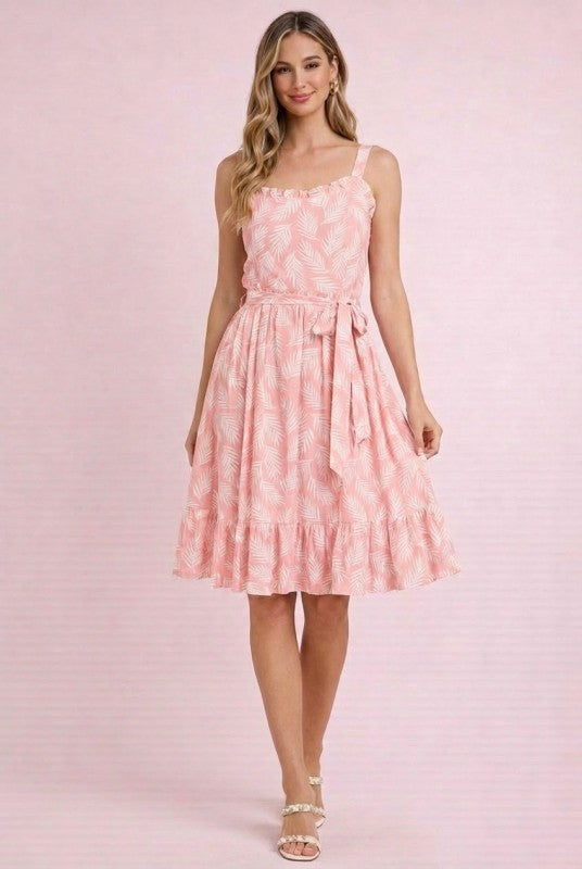 Tropical Print Sleeveless Sundress with Tie Waist