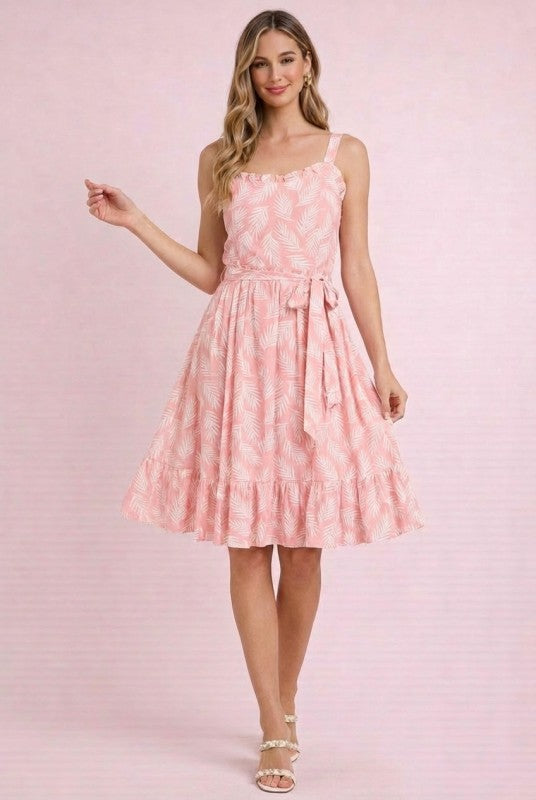 Tropical Print Sleeveless Sundress with Tie Waist