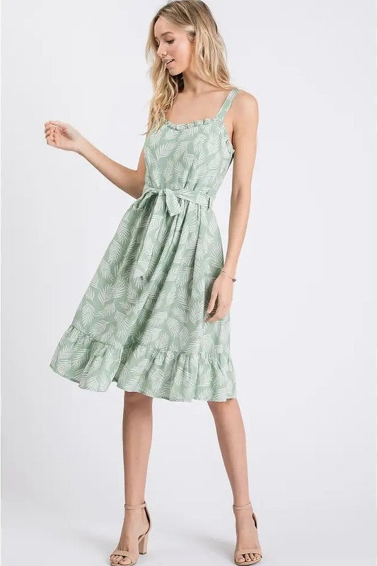 Tropical Print Sleeveless Sundress with Tie Waist
