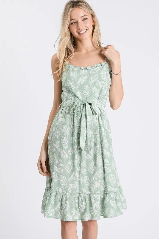 Tropical Print Sleeveless Sundress with Tie Waist