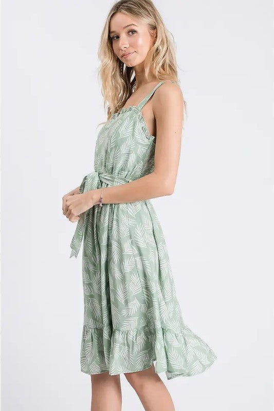 Tropical Print Sleeveless Sundress with Tie Waist