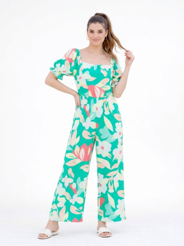 Square neck puff short sleeve jumpsuit