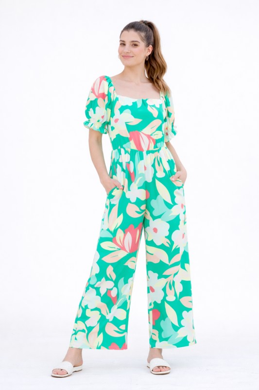 Square neck puff short sleeve jumpsuit