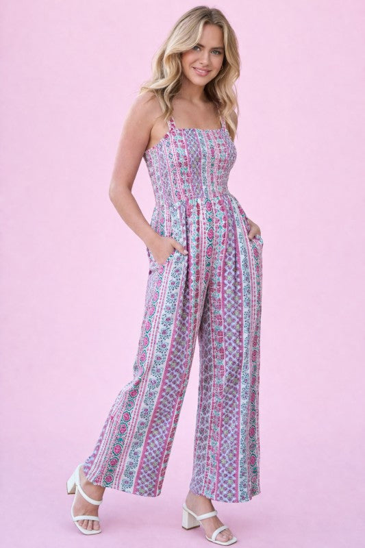Smocked Bodice Boho Wide-Leg Jumpsuit