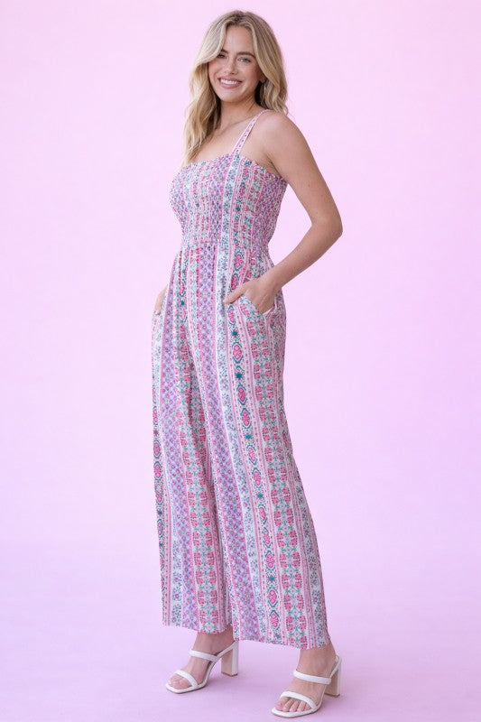 Smocked Bodice Boho Wide-Leg Jumpsuit
