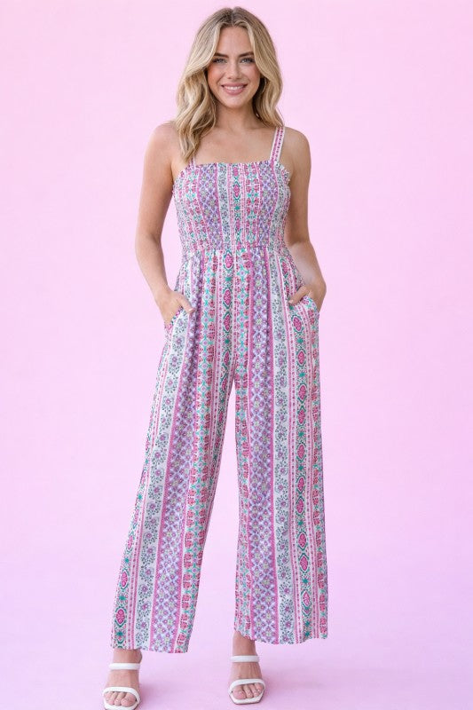 Smocked Bodice Boho Wide-Leg Jumpsuit