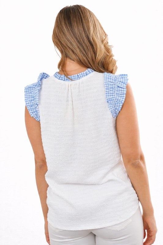 White Textured Sleeveless Top with Contrast Ruffle Detail
