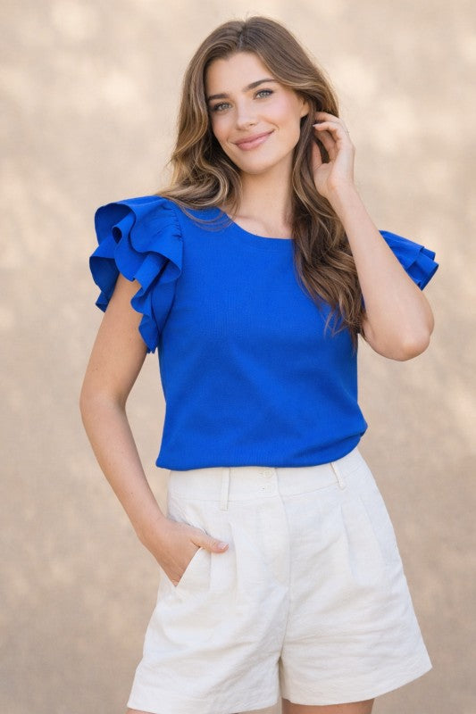 Ribbed top with woven double flutter sleeve