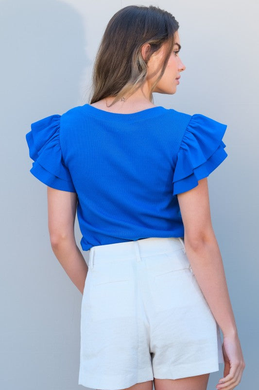 Ribbed top with woven double flutter sleeve