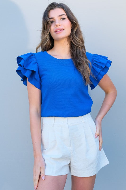 Ribbed top with woven double flutter sleeve