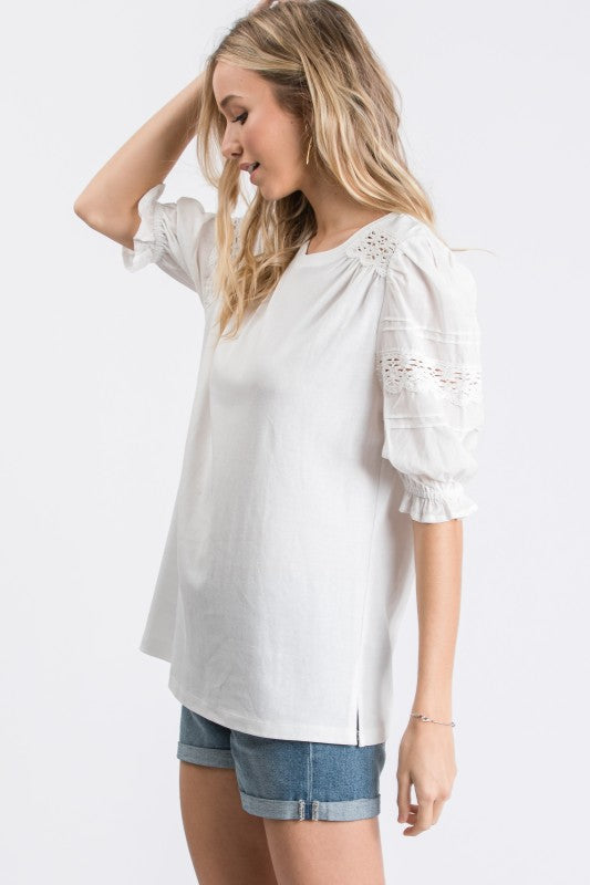 Lace Trim Balloon Sleeve Top
