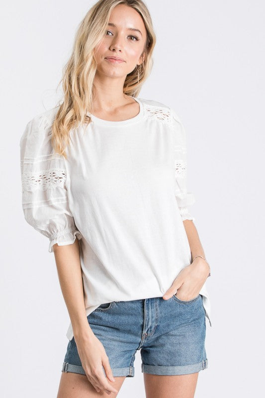 Lace Trim Balloon Sleeve Top